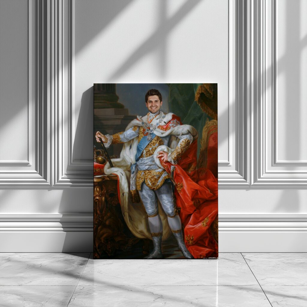 Mianuj go Królem swojego serca! Ten portret na płótnie to patriotyzm i romantyzm w jednym. 👑 Styl: Polski Król, zbroja i gronostaje. ❤️ Okazja: Idealny prezent na walentynki lub rocznicę. 🎁 Dla kogo: Super prezent dla chłopaka, który zasługuje na tron.